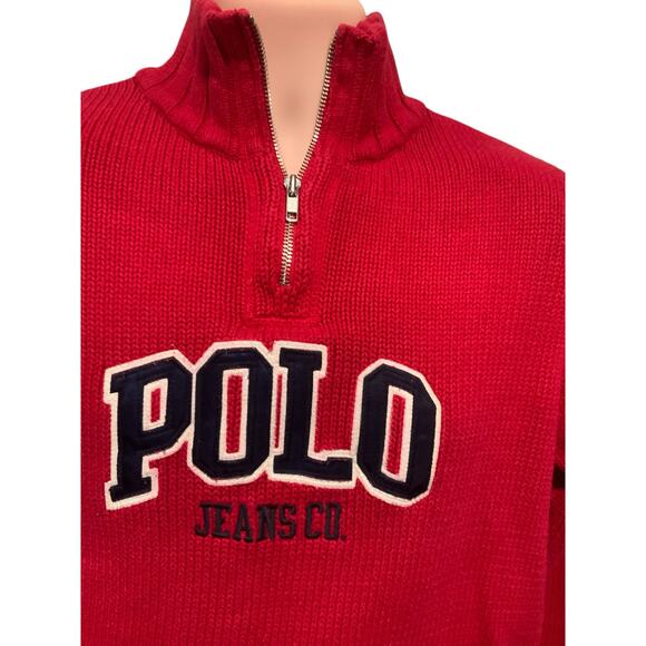 VTG RALPH LAUREN POLO JEANS CO. Men Large Red 1/4 Zip Embroidered Logo Sweater - Picture 2 of 5